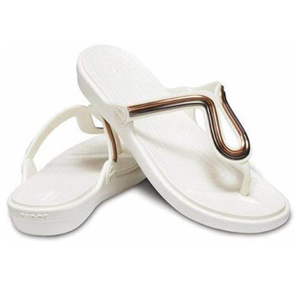 NEW CROCS SANRAH METALBLOCK WOMEN'S FLAT FLIP FLOP WHITE SIZE 5 or 10 - Picture 1 of 4